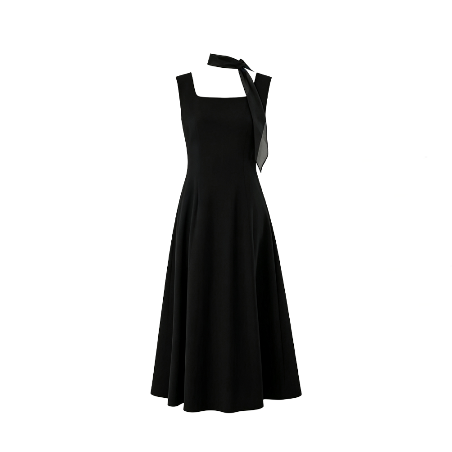 CPAURA Slip Dresses Women's Black Ribbon Square Collar Moderate Long