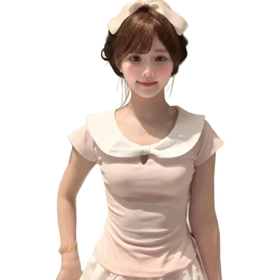 JBBCN T Shirts Women's Pink Peter Pan Collar Thin Nipped In Waist