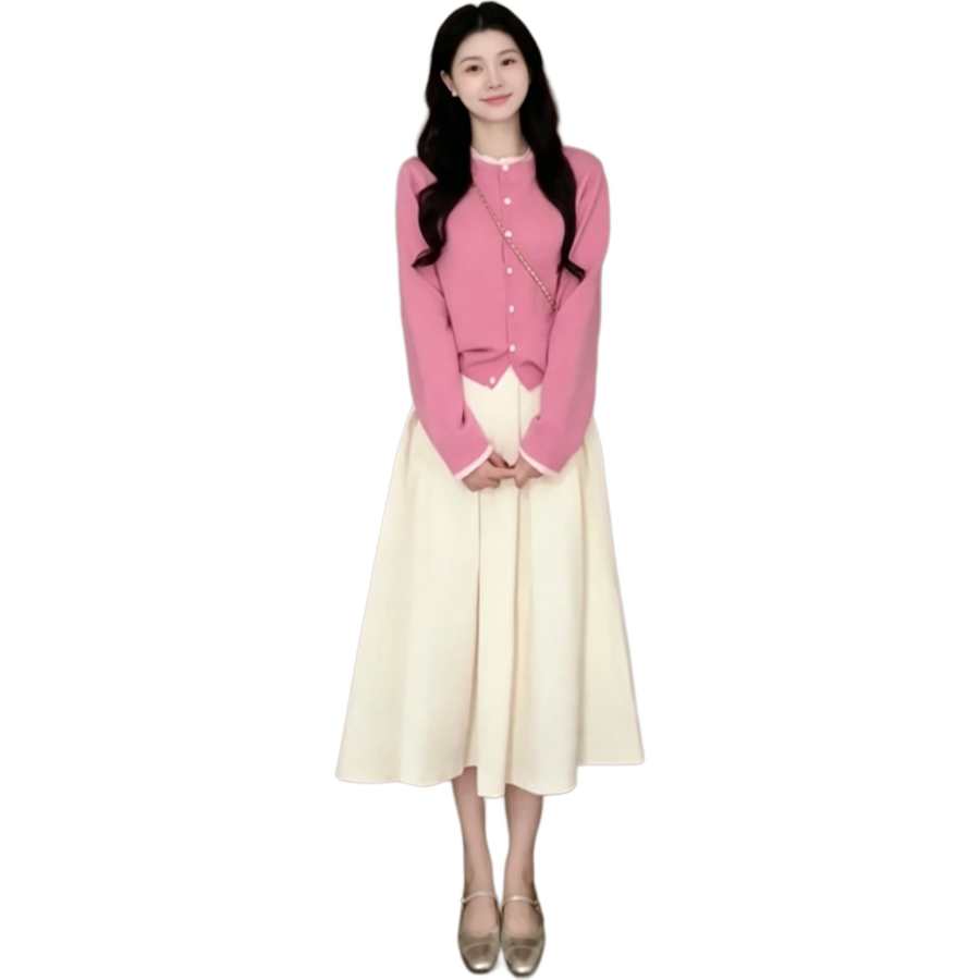 JBBCN Knitwear Women's Pink Crew Neck Moderate Cardigan