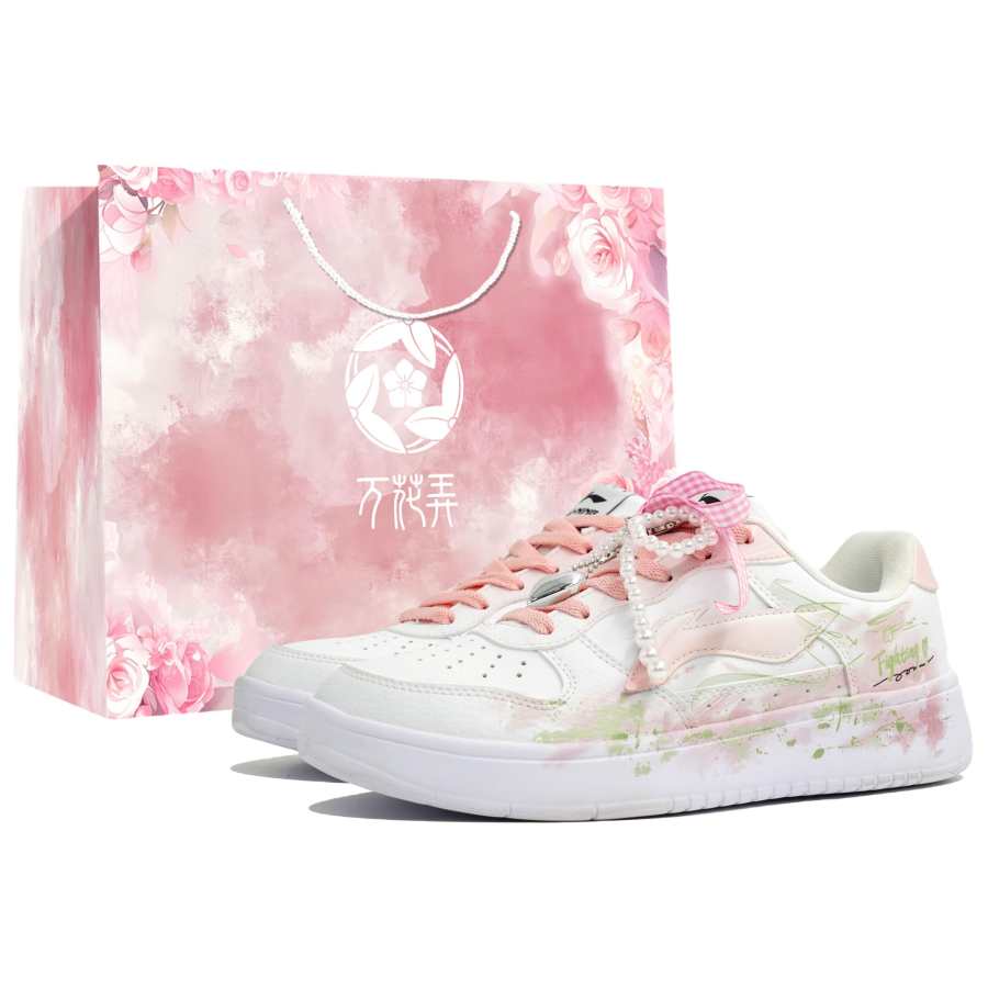 Li-Ning Li Ning Floating Boat Kaleidoscope, Flower Island Spring, Shopping Bag Low top Skateboard Shoes Women's White Pink