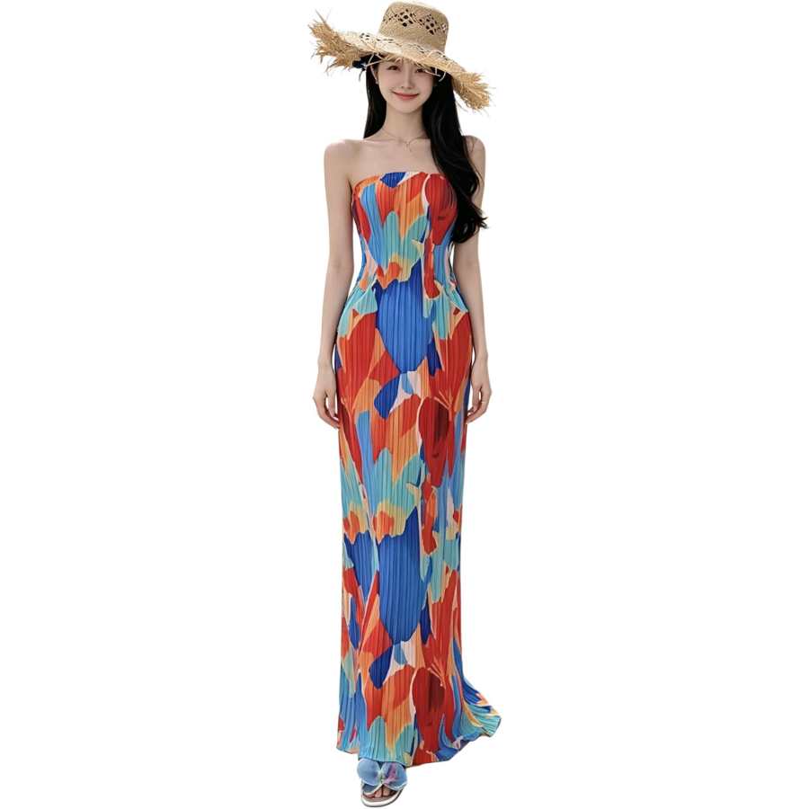 JBBCN Sleeveless Dresses Women's Blue Orange Red Mixed Color Collarless Moderate Long