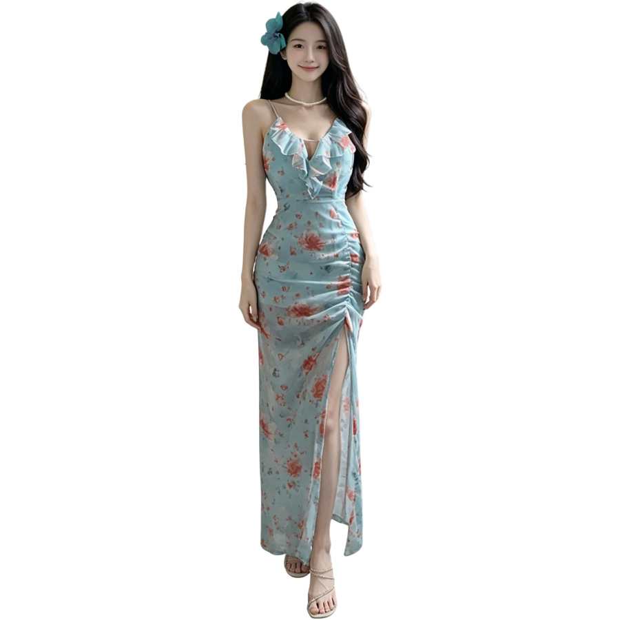 JBBCN Slip Dresses Women's Light Blue V Neck Moderate Long