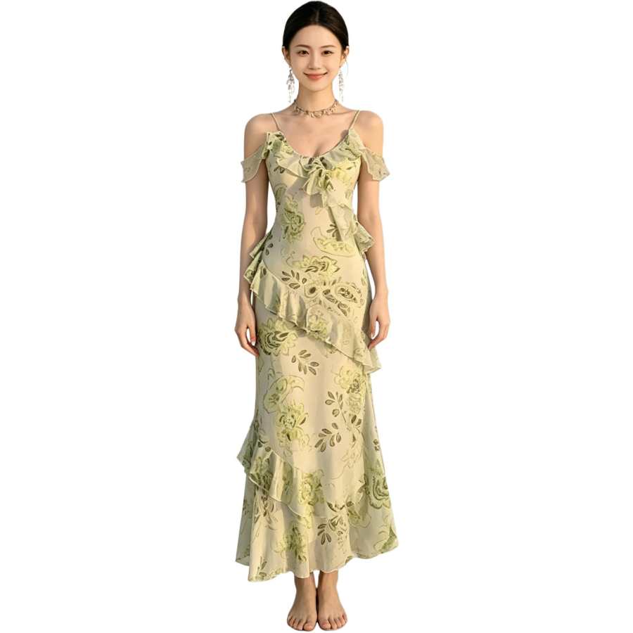 JBBCN Slip Dresses Women's Light Yellow With Green Pattern V Neck Moderate Long