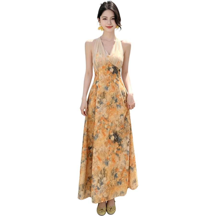 JBBCN Sleeveless Dresses Women's Orange Yellow V Neck Moderate Long