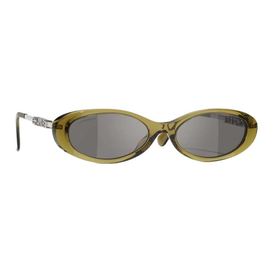 CHANEL Acetate Oval Sunglasses Unisex Olive Green/Silver Green