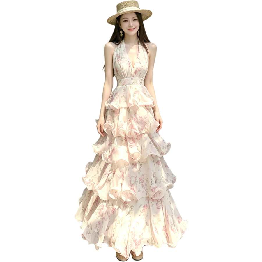 JBBCN Sleeveless Dresses Women's Ecru V Neck Moderate Long