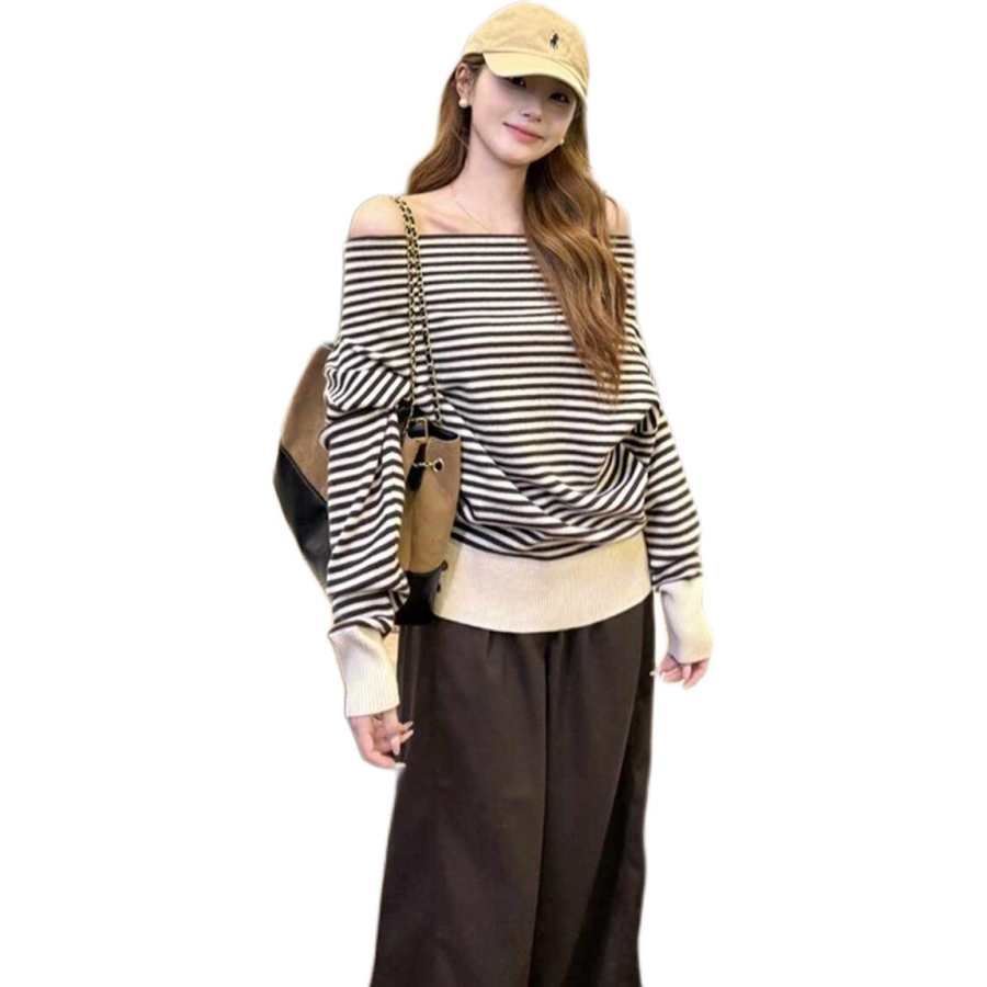 JBBCN T Shirts Women's Black White Stripes Boat Neck Moderate Mock Two Piece