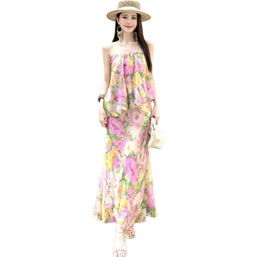 JBBCN Sleeveless Dresses Women's Pink Multicolor Color Print Collarless Moderate Long