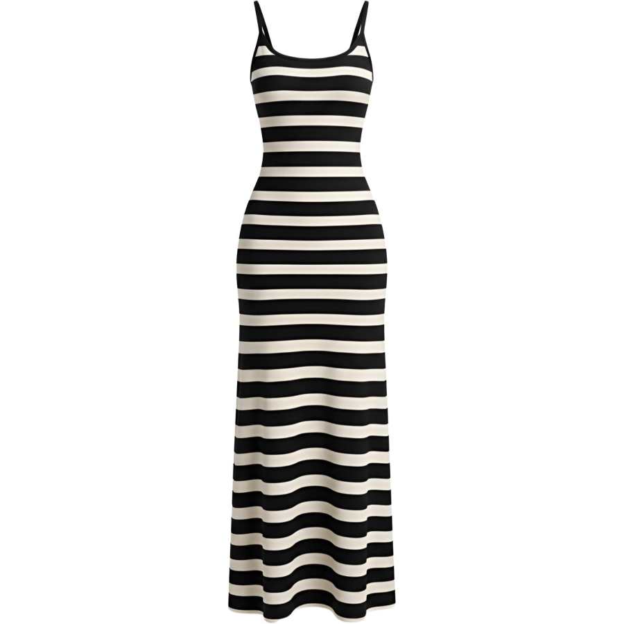 CHARM GLOW Slip Dresses Women's Stripes Square Collar Thin Long