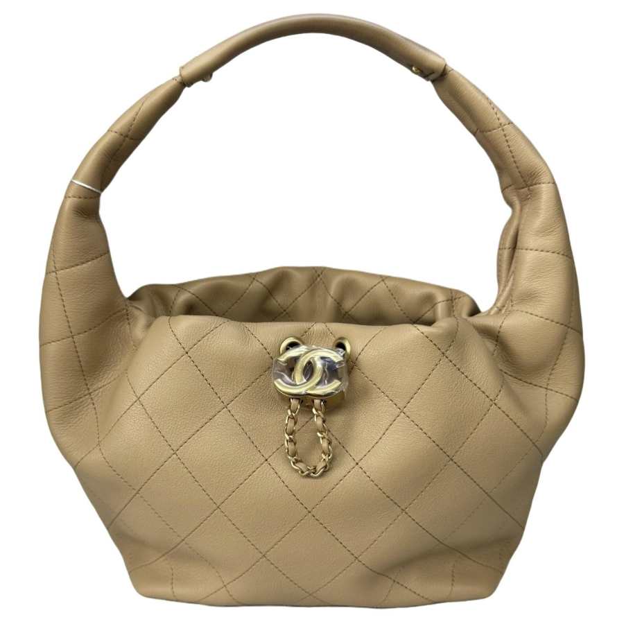 CHANEL Cow Leather Hobo Bag Handbag Women's Brown