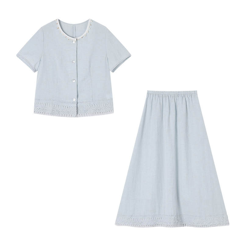 XIANGYING Casual Suits Women's Nautical Blue Crew Neck Thin