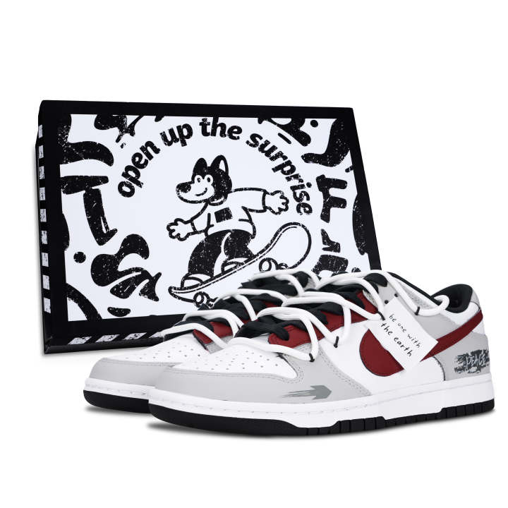 Nike Nike Dunk Black White, Gray Red, And Rhyme Leather Low top Skateboard Shoes Unisex Red Gray
