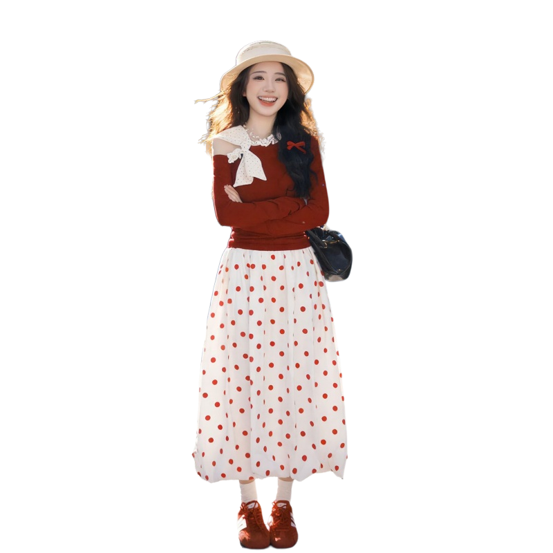 Sugarfunk Two Piece Skirt Sets Women's Ribbon Collar Moderate Mid Length