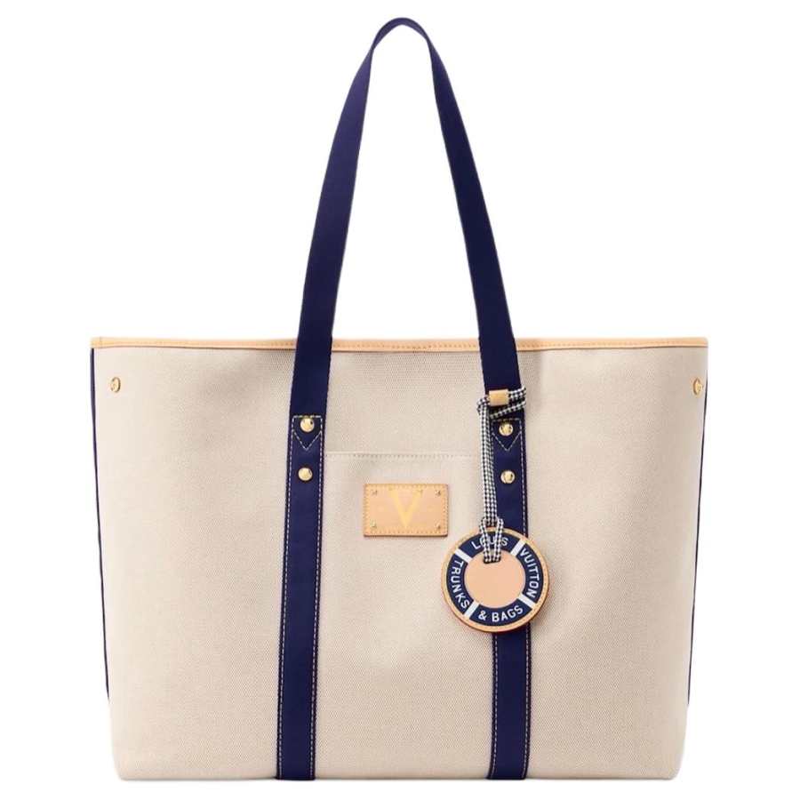 LOUIS VUITTON Cotton Tote Handbag, Shoulder Bag Women's Beige & Marine Blue