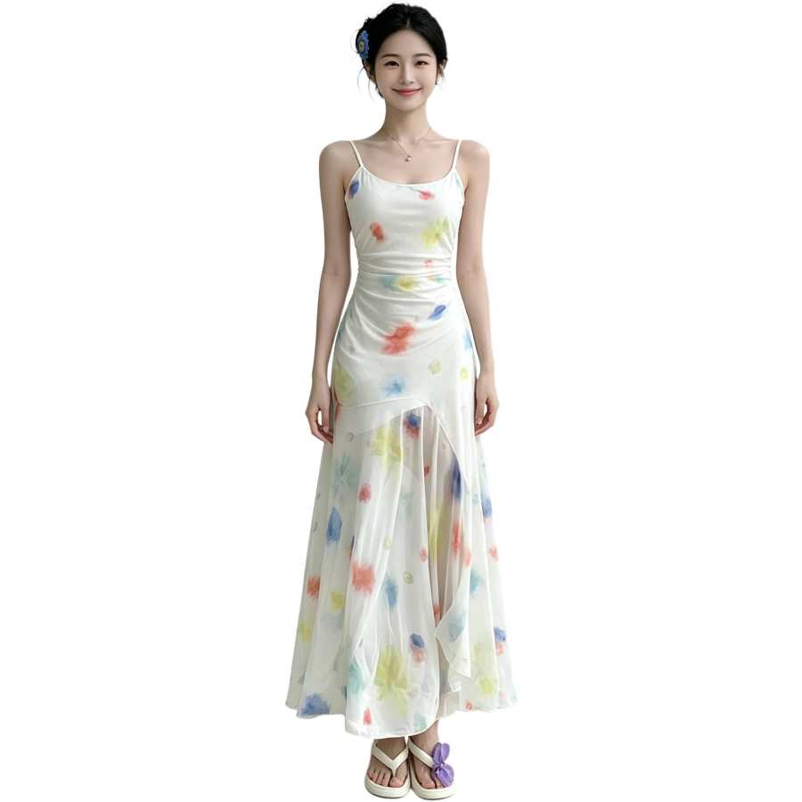 JBBCN Slip Dresses Women's Ecru Base Multicolor Blended Square Collar Moderate Long