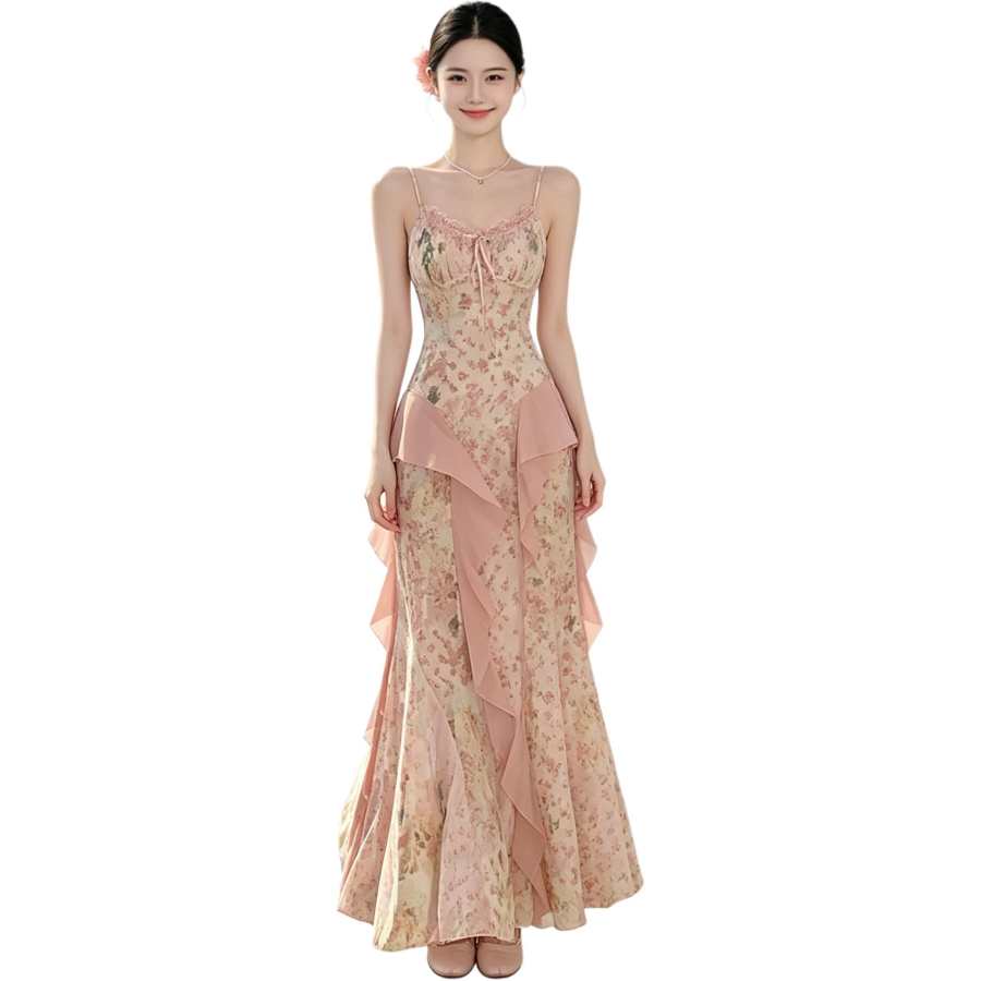 JBBCN Slip Dresses Women's Pink Orange Floral V Neck Moderate Long