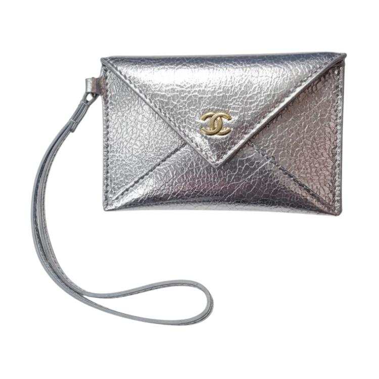 CHANEL Calfskin & Gold Metal Card Holder Women's Silver