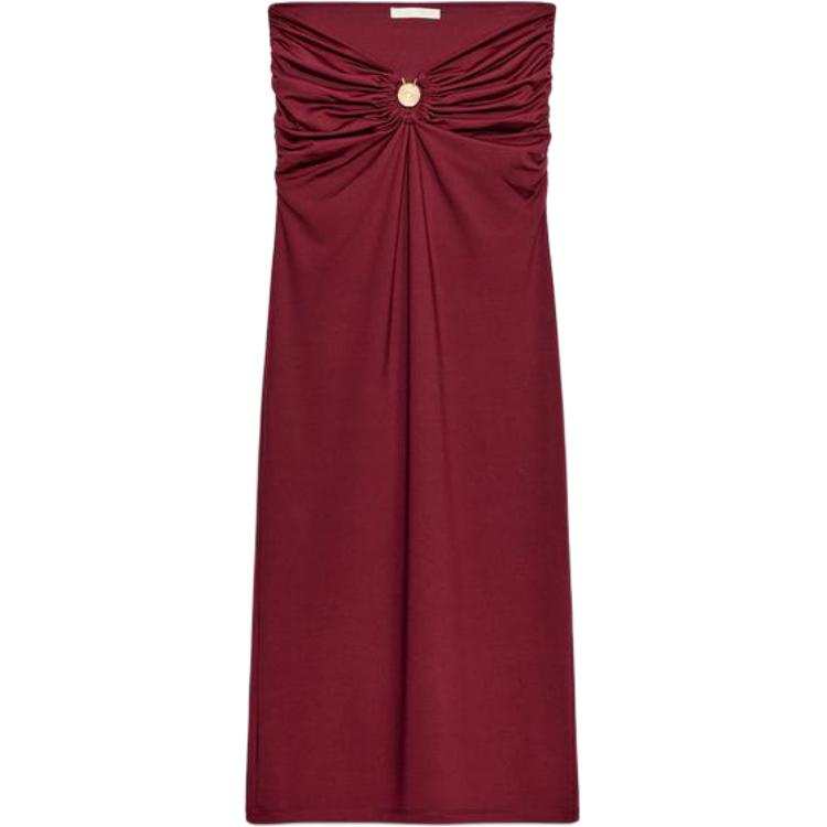 ZARA Sleeveless Dresses Women's Burgundy Strapless Top Moderate Midi Skirt
