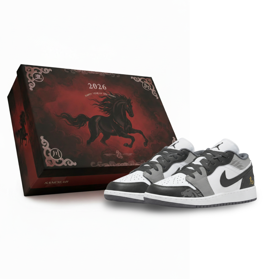 Jordan Jordan Air Jordan 1 Gray Scale Ink Horse Slip Resistant Abrasion Resistant Low top Children's Basketball Shoes White
