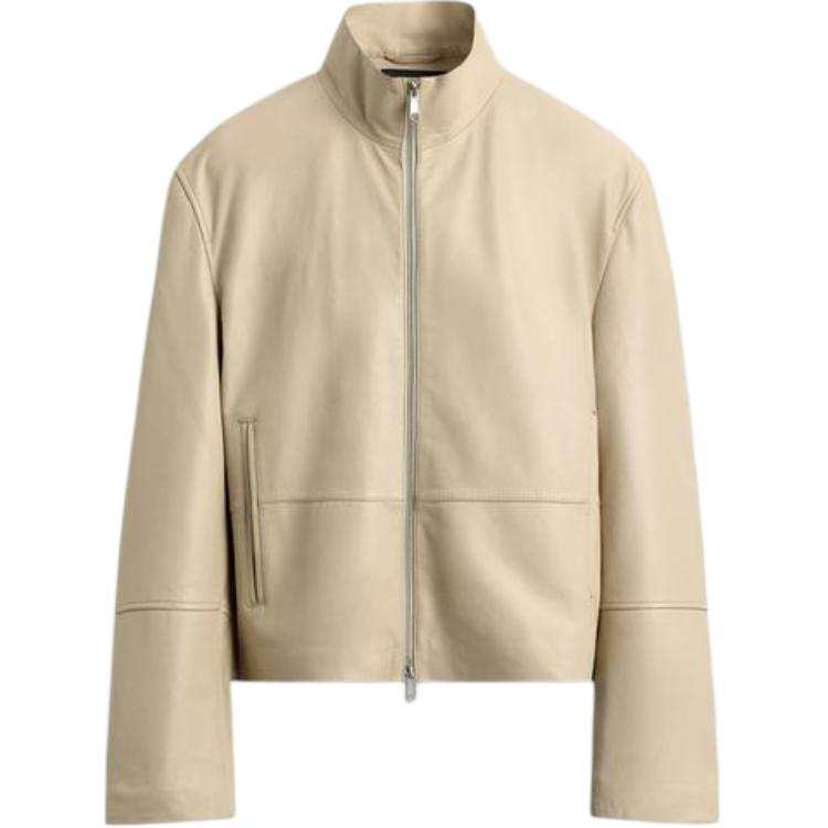 ZARA Leather Jackets Men's White Stand Collar Moderate