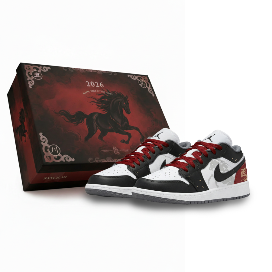 Jordan Jordan Air Jordan 1 Red Haired Ink Horse Slip Resistant Abrasion Resistant Low top Children's Basketball Shoes White