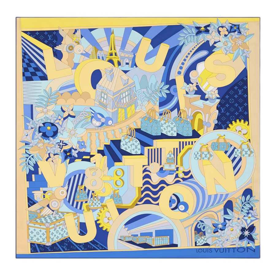 LOUIS VUITTON Mulberry Silk Scarves Women's Blue