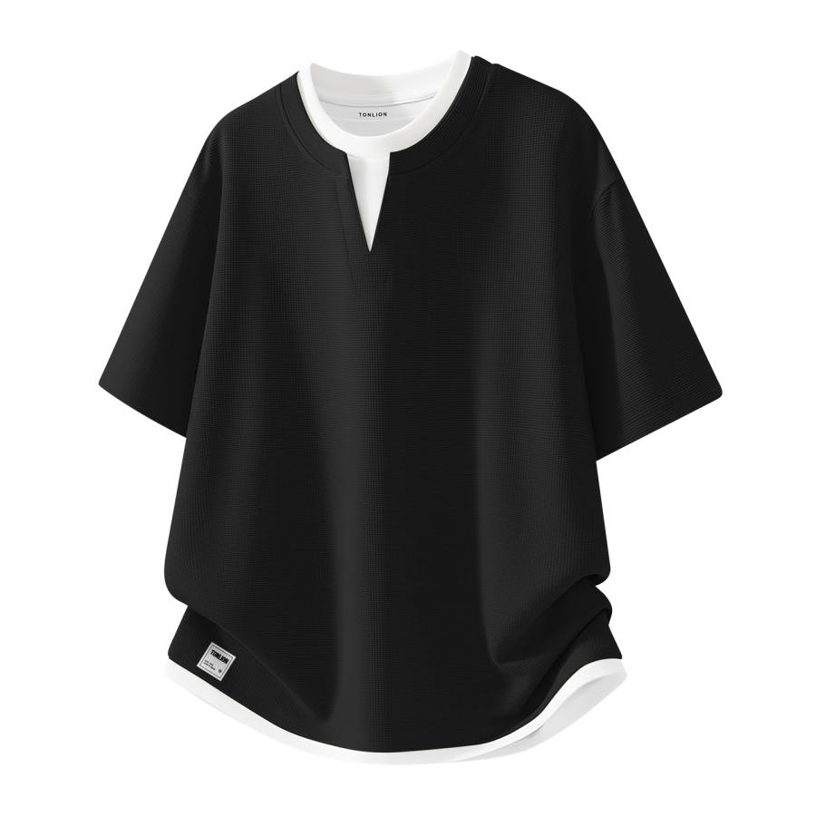 Tonlion T Shirts Unisex V Neck Moderate Mock Two Piece