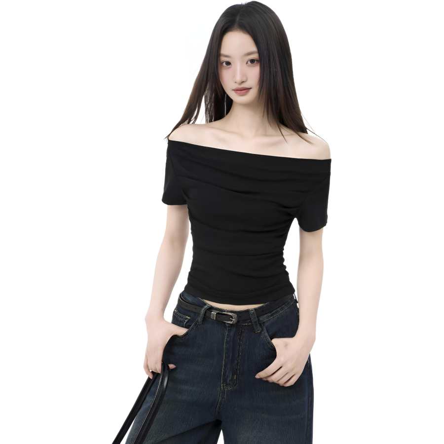 Cotton Gene T Shirts Women's Black Boat Neck Moderate Nipped In Waist