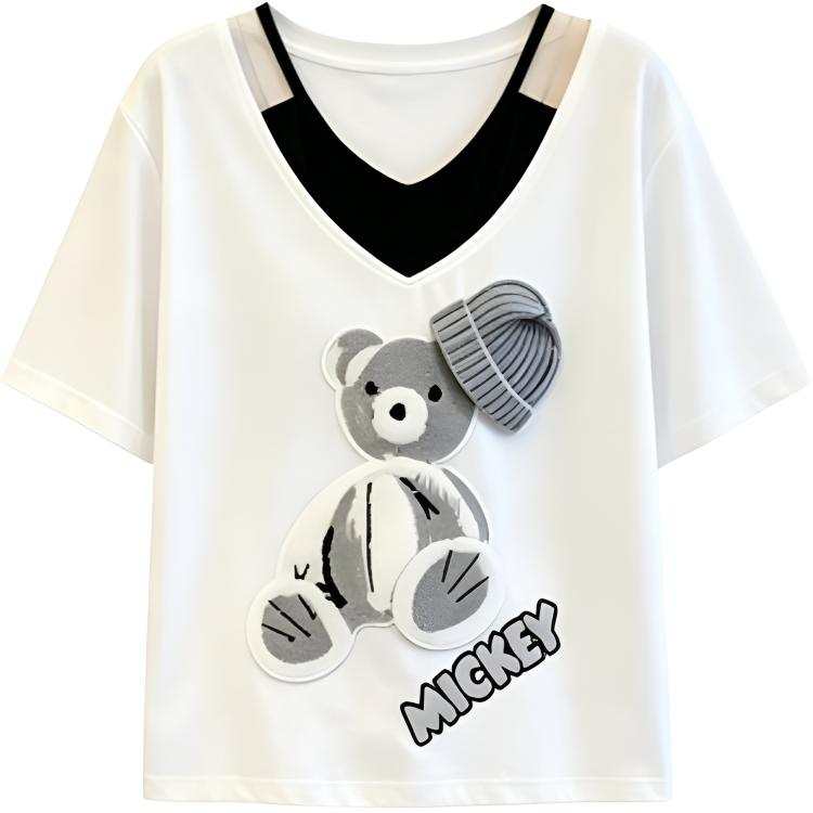 DUSHE T Shirts Women's Image Color V Neck Thin Mock Two Piece