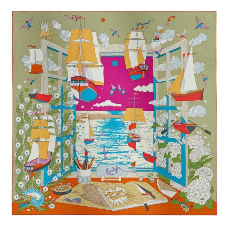 HERMES Mulberry Silk Scarves Women's Light Khaki/Peach Pink/Multicolor Patchwork