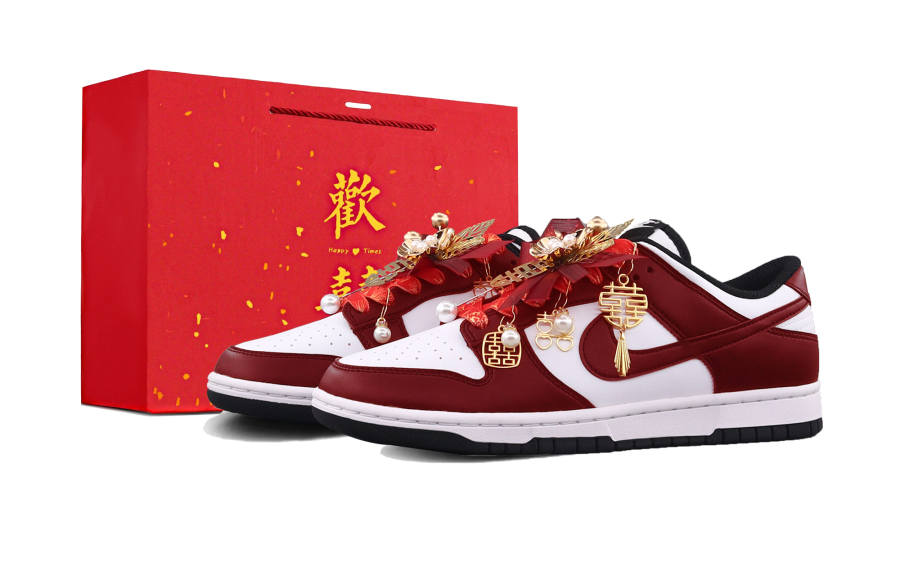 Nike Nike Dunk Wedding Shoes, 'Double Happiness' Fringe, Pearl Charm Chinese Style Low top Skateboard Shoes Unisex Red