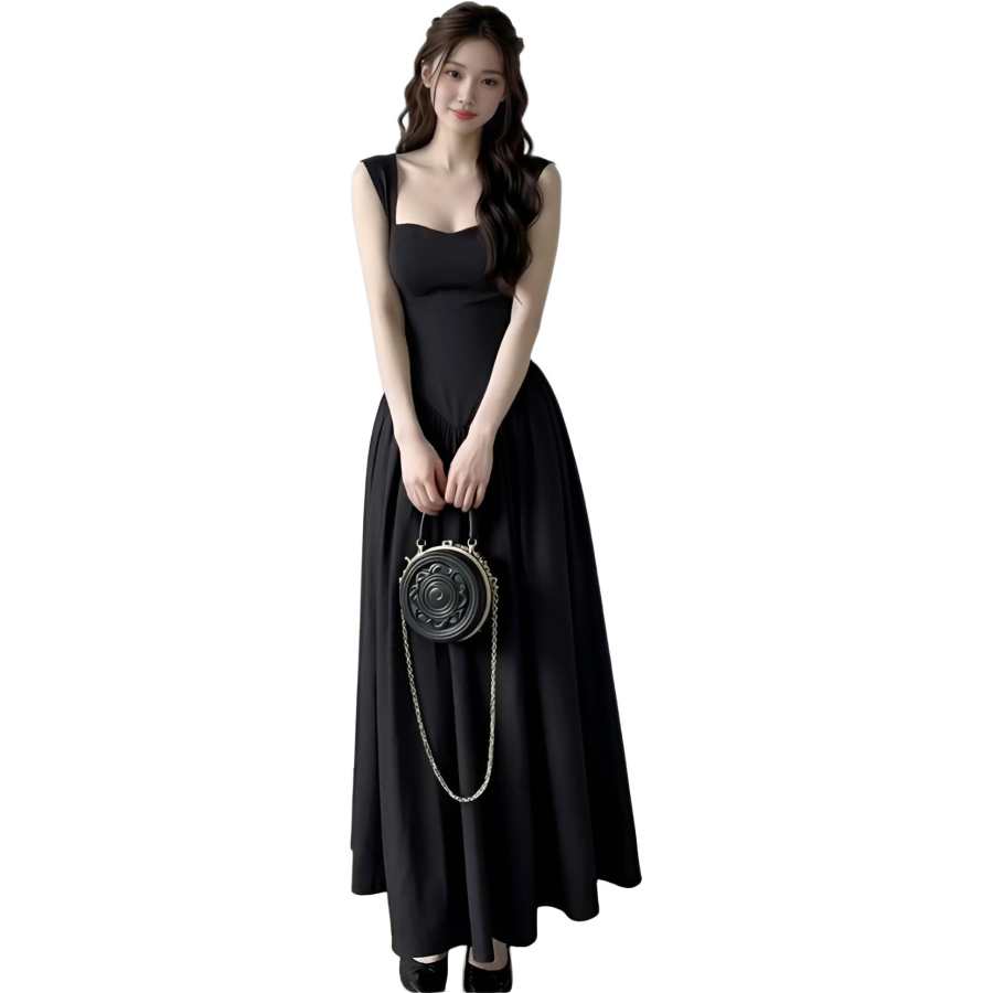 Cotton Gene Slip Dresses Women's Black Square Collar Moderate Long