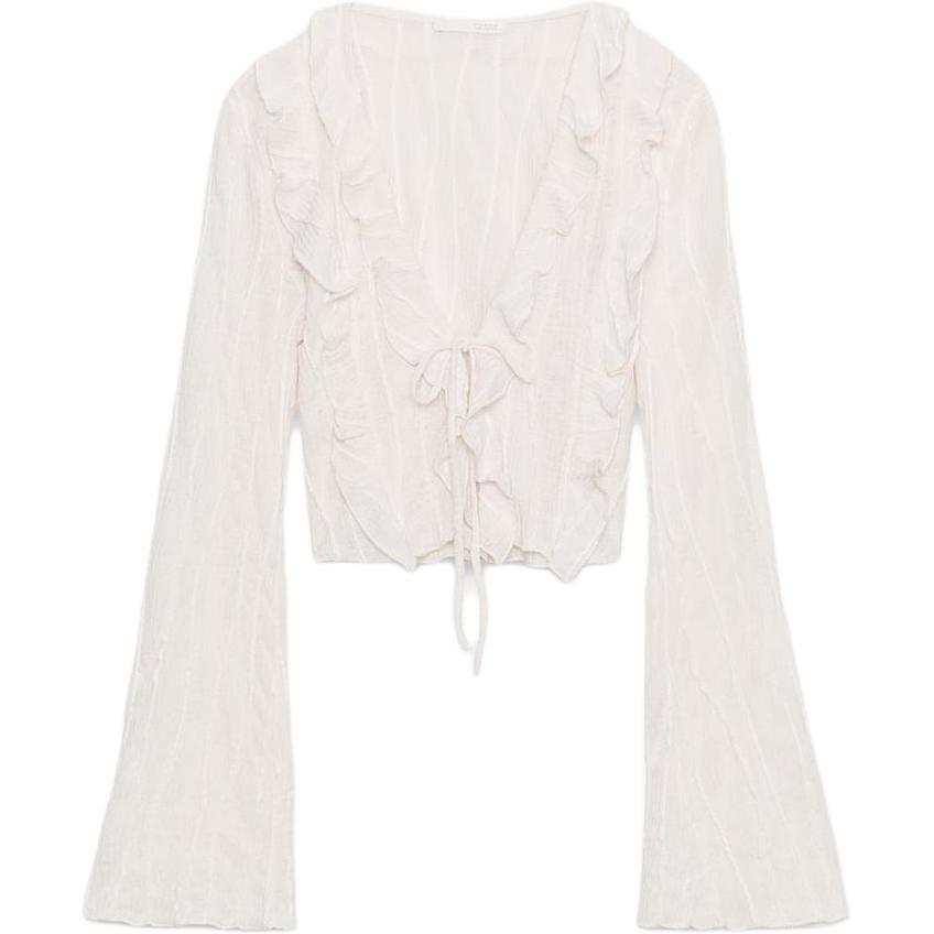 ZARA Knitwear Women's Frosted White V Neck Moderate Cardigan