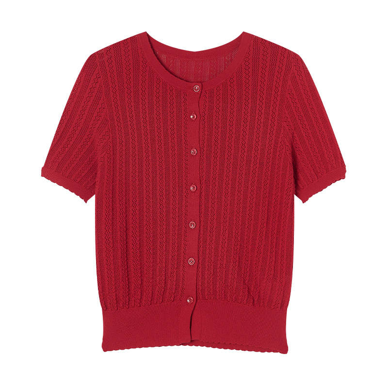 XIANGYING Knitwear Women's Red Crew Neck Moderate Cardigan