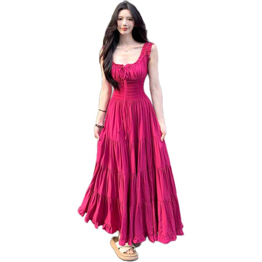 Cotton Gene Slip Dresses Women's Rose Red Crew Neck Moderate Long