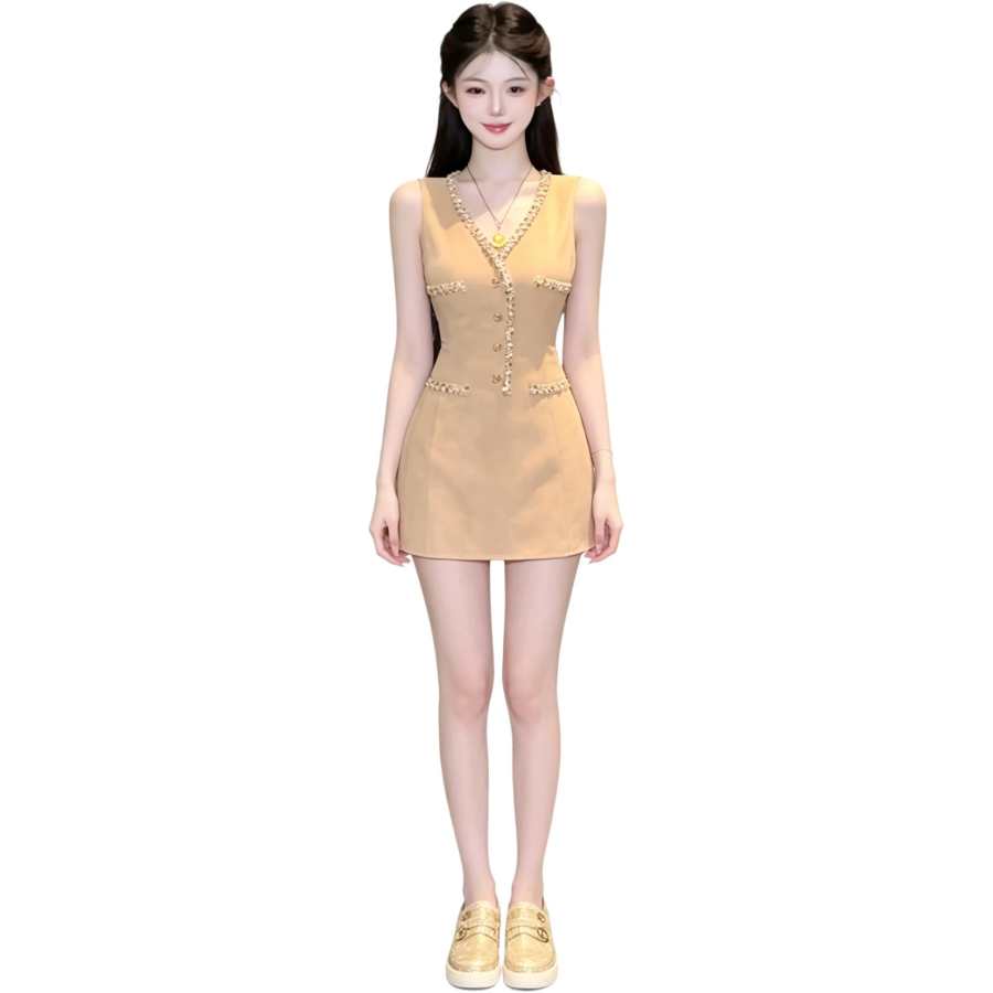 JBBCN Sleeveless Dresses Women's Coffee V Neck Moderate Short