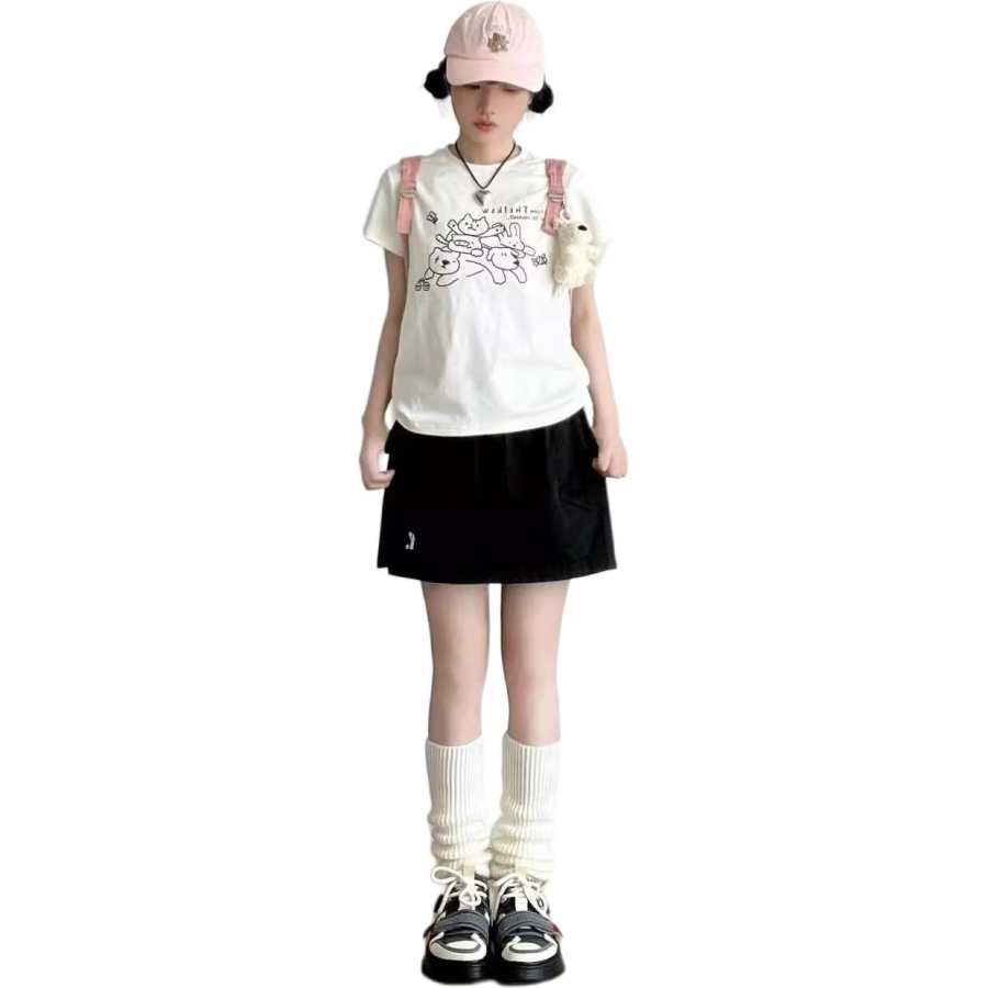 Cotton Gene Two Piece Skirt Sets Women's Crew Neck Moderate Short