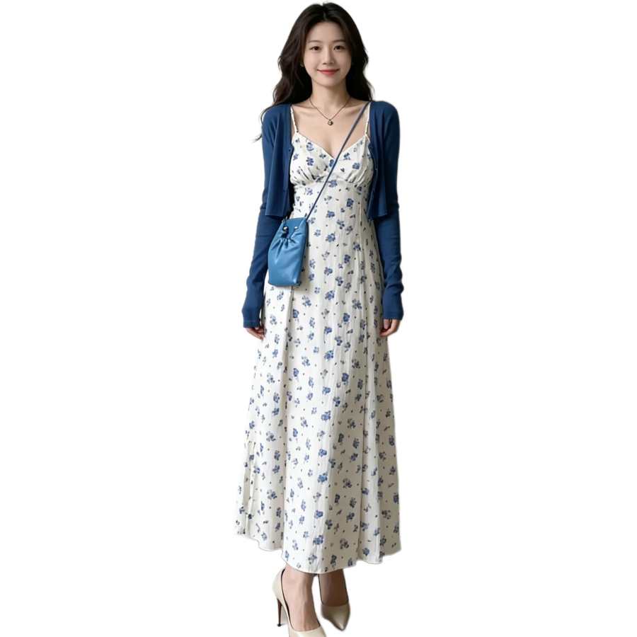 Cotton Gene Two Piece Skirt Sets Women's V Neck Moderate Long
