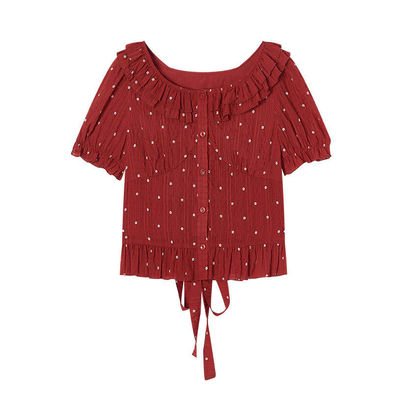 XIANGYING Shirts Women's Red Crew Neck Thin