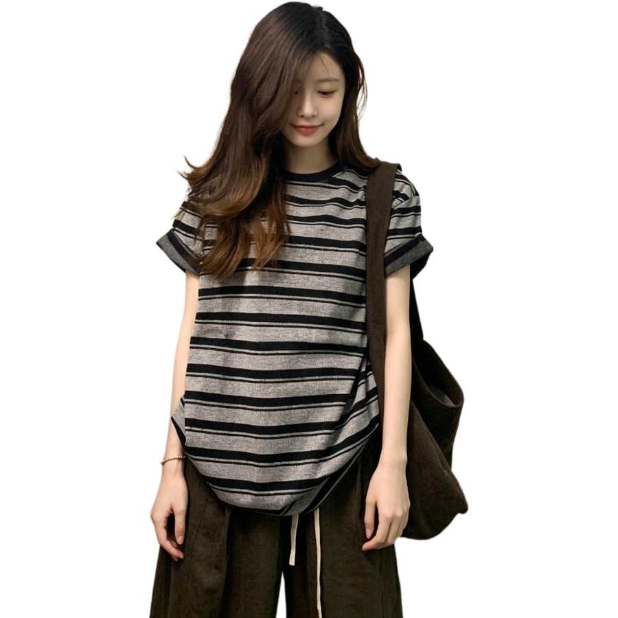 Cotton Gene T Shirts Women's Gray Stripes Top Crew Neck Moderate Straight Fit