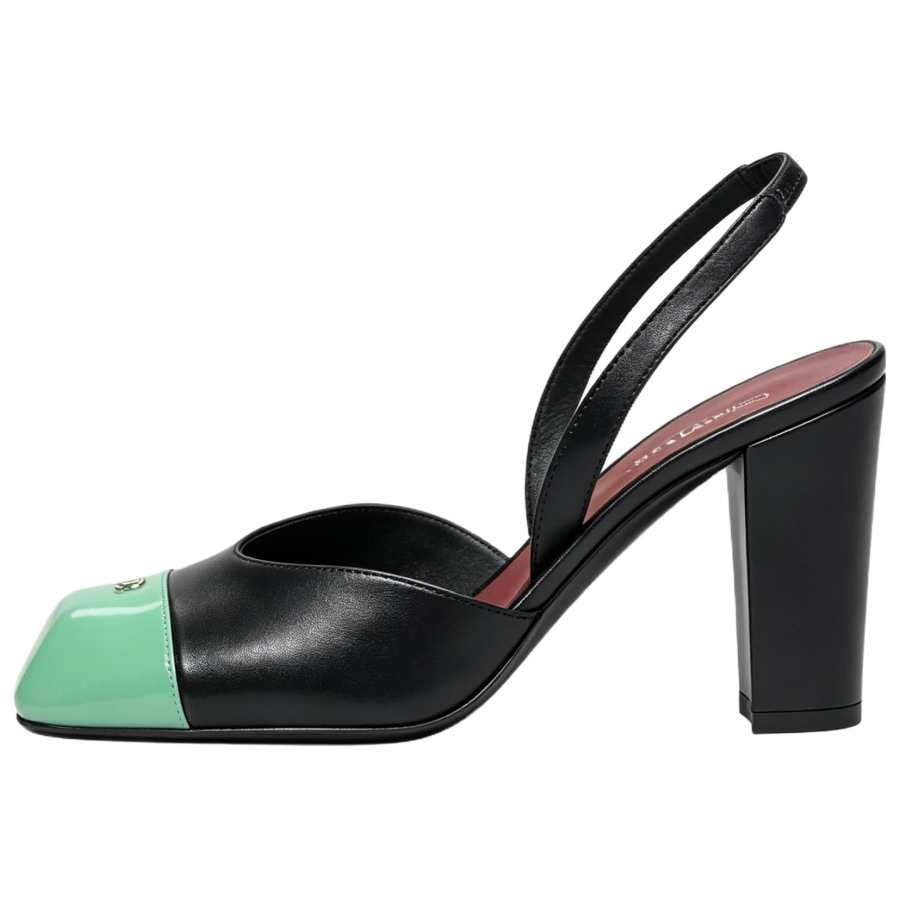 CHANEL 26S Patent Leather Chunky Heel High Heels Women's Black Green