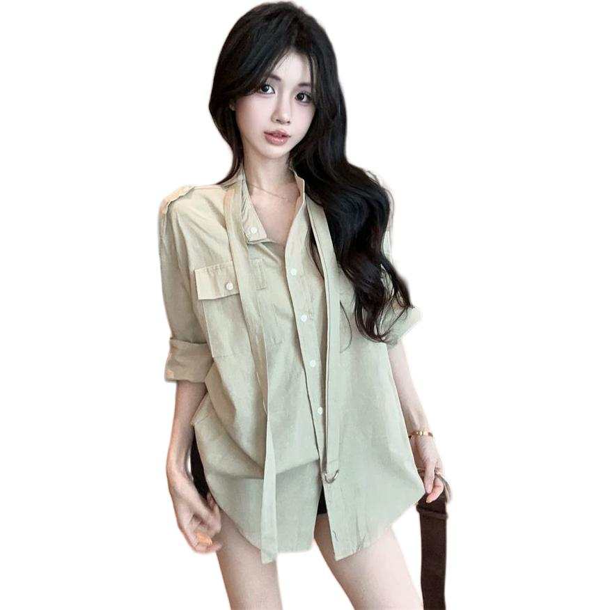 Cotton Gene Shirts Women's Khaki Shirt Lapel Moderate Shirt