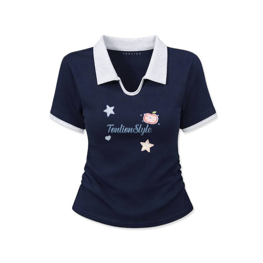 Tonlion T Shirts Women's Polo Collar Moderate Nipped In Waist