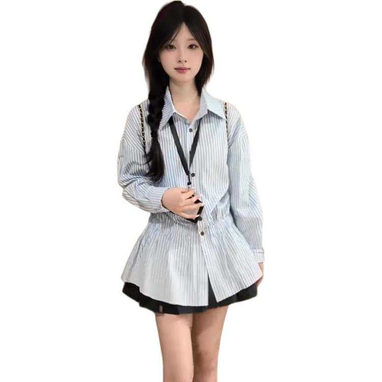JBBCN Shirts Women's Blue Lapel Moderate Nipped In Waist