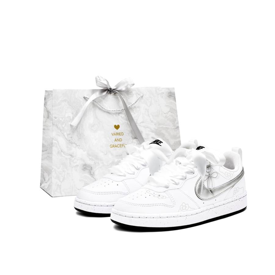 Nike Nike Court Borough Abrasion Resistant Breathable Low top Kids' Skateboarding Shoes Silver White Unisex