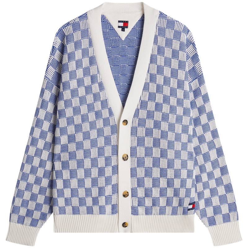 Tommy Hilfiger Knitwear Men's Blue White Plaid C8O V Neck Moderate Cardigan