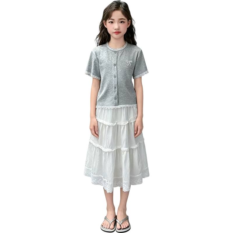 YALU Grade School Two Piece Skirt Sets Crew Neck Moderate Long