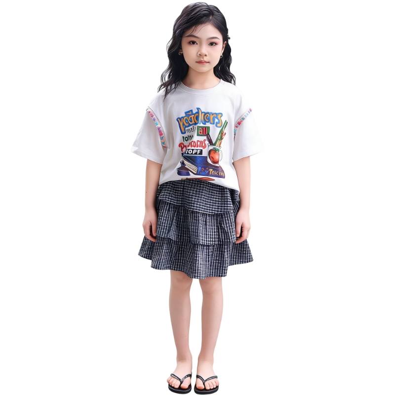 YALU Grade School Two Piece Skirt Sets Crew Neck Thin Short