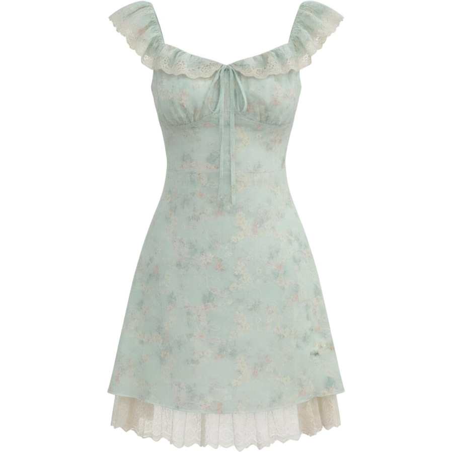 CHARM GLOW Slip Dresses Women's Mint Green Square Collar Moderate Short