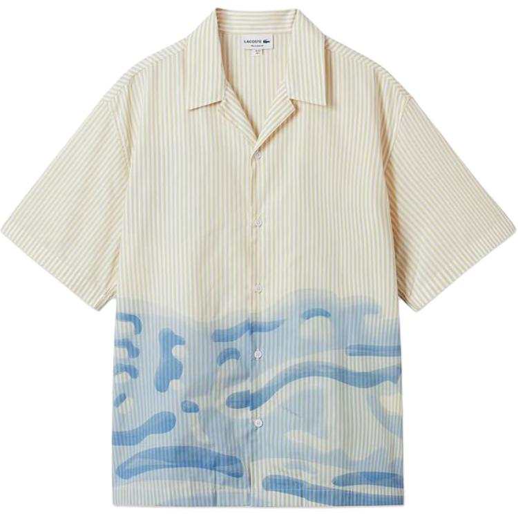 LACOSTE Shirts Men's 3IY/Blue Yellow Stripes Cuban Collar Moderate